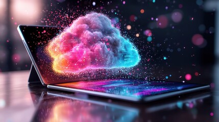 Aufkleber - A vibrant digital cloud emerges from a laptop, symbolizing cloud computing and the fusion of technology with creativity.