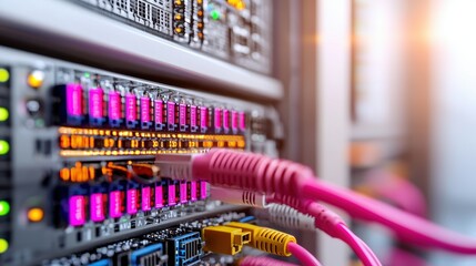 Poster - A close-up view of network cables connected to a data center server, showcasing vibrant colors and intricate wiring.