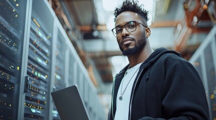 Poster - A confident individual stands in a data center, holding a laptop, surrounded by rows of servers.