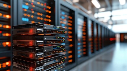 Poster - A close-up view of server racks filled with glowing lights, showcasing advanced technology in a data center environment.