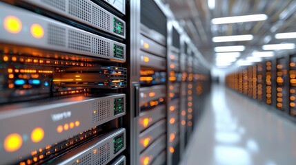 Poster - A detailed view of server racks in a data center, showcasing illuminated components and organized storage technology.
