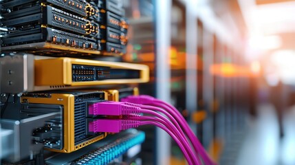 Poster - A close-up of network cables connected to servers in a data center, showcasing vibrant colors and advanced technology.