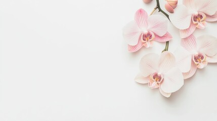 Wall Mural - Graceful orchid blooms in soft hues of pink and white, on a pure and tranquil white background, Minimalist style