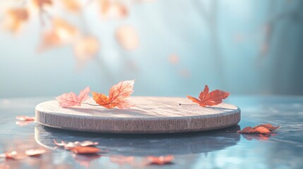 Wall Mural - Autumn leaves on wooden round platform.