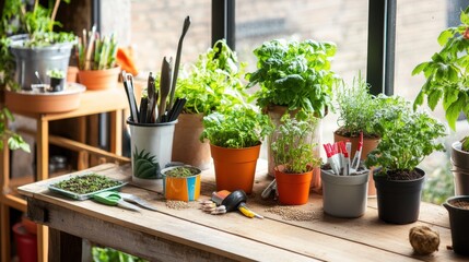 Poster - A bright and organized home gardening station, Pots, seeds