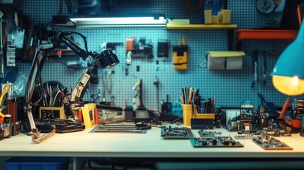 Aufkleber - A bright DIY electronics workspace with various tools, Soldering iron and circuit boards set up neatly, Modern tech style