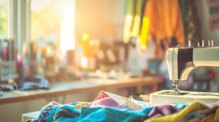 Poster - A bright sewing room with a sewing machine and fabrics, Sewing tools and materials organized neatly, Vintage creative style