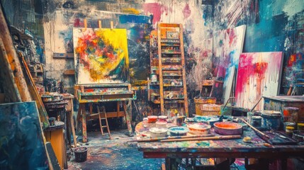 Aufkleber - A bustling artist’s studio with vibrant paints and canvases, Brushes and palettes arranged in a creative chaos, Contemporary artistry style