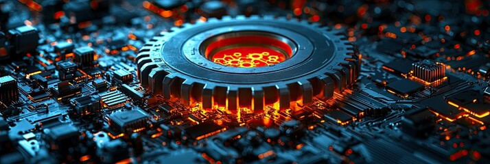 Poster - A close-up of a glowing gear on a circuit board, symbolizing technology and innovation.