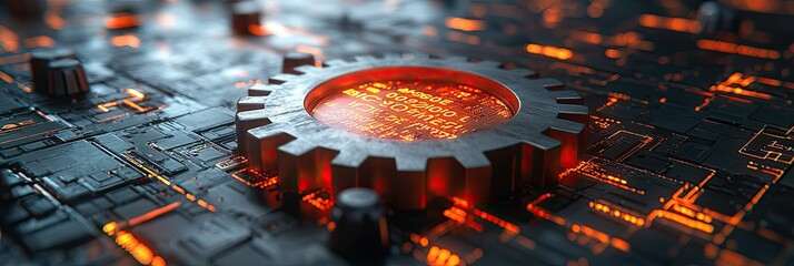 Poster - A close-up of a metallic gear on a circuit-like background with glowing elements.