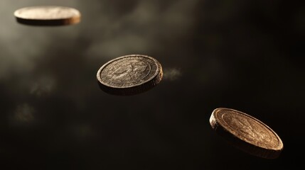 Poster - Four old bronze coins floating in dark air.