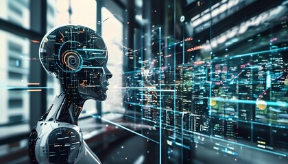 Poster - Innovative action of abstract business analysis futuristic cityscape digital art representation high-tech environment side view conceptualization of business intelligence