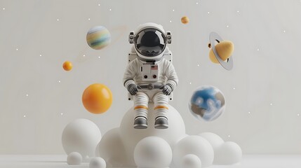 a 3d rendering of an astronaut floating in space, with the stars and planets in the background, on w