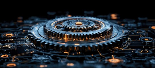 Poster - A close-up of interlocking gears with glowing elements, showcasing mechanical design and technology.