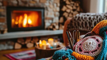 Poster - A charming crochet nook by a cozy fireplace, Crochet hooks and colorful yarns neatly organized, Warm homely style