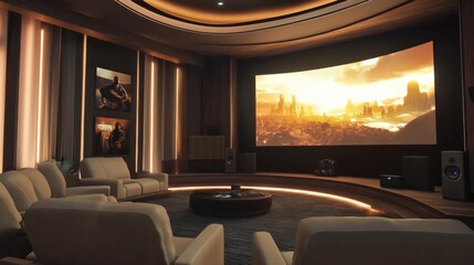 Poster - A charming home theater with plush seating and a large screen, Movie posters and media equipment neatly placed, Modern cinematic style