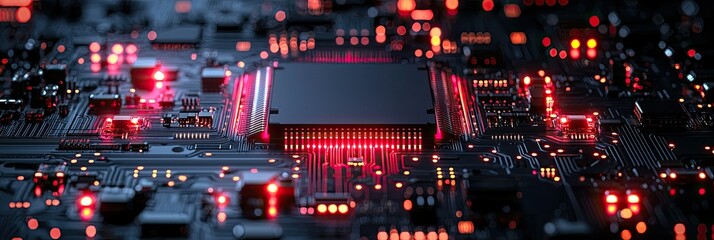 Poster - A close-up view of a circuit board with glowing lights and a central chip.