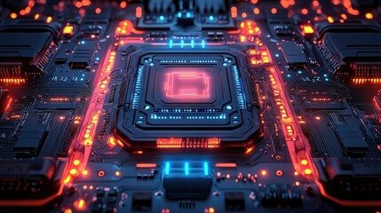Poster - A close-up view of a futuristic circuit board with vibrant lights and intricate designs.