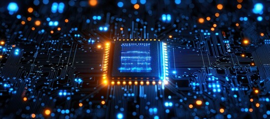 Poster - A close-up view of a microchip on a circuit board with glowing lights.