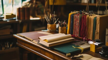 Poster - A cozy bookbinding workshop with bookbinding tools and colorful threads, Bookbinding tools and artisanal book covers neatly organized, Literary artisan style