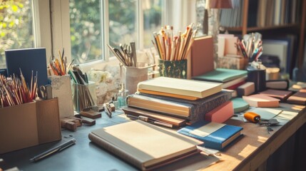 Poster - A cozy bookbinding workshop with bookbinding tools and colorful threads, Bookbinding tools and artisanal book covers neatly organized, Literary artisan style