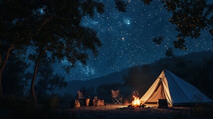 Poster - A cozy camping site under a starry sky, Camping gear arranged around a crackling campfire, Nighttime camping ambiance style