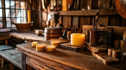 Poster - A cozy candle-making station in a rustic cabin, Wax and molds meticulously organized, Warm and inviting style