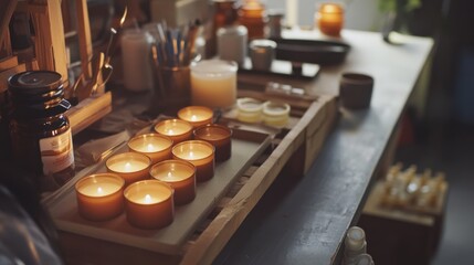 Poster - A cozy candle-making workshop with wax and molds, Candle-making tools and fragrant oils neatly organized, Artisanal candle style