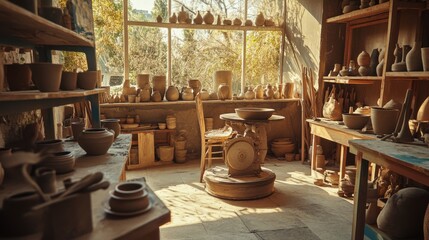 Poster - A cozy ceramics workshop with pottery wheels and clay sculptures, Pottery tools and kiln neatly organized, Artistic craftsmanship style