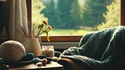 Aufkleber - A cozy home knitting and crochet corner with yarn and needles, Knitting and crochet supplies neatly organized in a comfortable nook with a view, Warm and inviting style