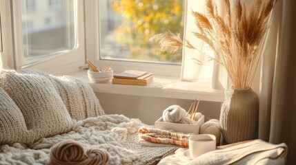 Aufkleber - A cozy home knitting and crochet corner with yarn and needles, Knitting and crochet supplies neatly organized in a comfortable nook with a view, Warm and inviting style