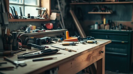 Poster - A cozy home workshop with DIY tools and unfinished projects, Tools and materials scattered on a workbench, DIY enthusiast style