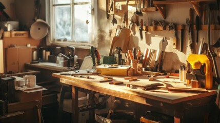 Poster - A cozy home workshop with DIY tools and unfinished projects, Tools and materials scattered on a workbench, DIY enthusiast style
