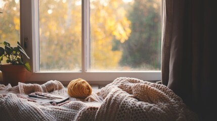 Poster - A cozy knitting and crochet station by a window, Yarn, needles