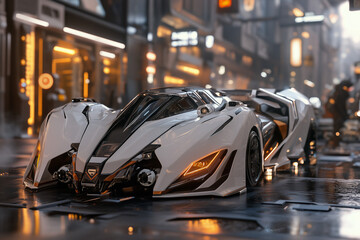 Fototapete - Voiture de sport futuriste blanche dans une rue