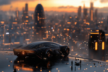 Fototapete - Voiture futuriste noir, fond urbain moderne au coucher de soleil