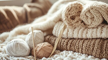 Poster - A cozy knitting nook with yarns and knitting needles, Knitting patterns and cozy blankets neatly arranged, Homely knitting style