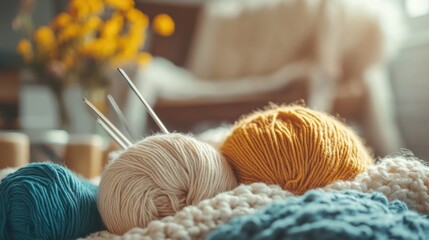Poster - A cozy knitting room with a variety of yarns, Knitting needles and patterns neatly placed, Homely vintage style