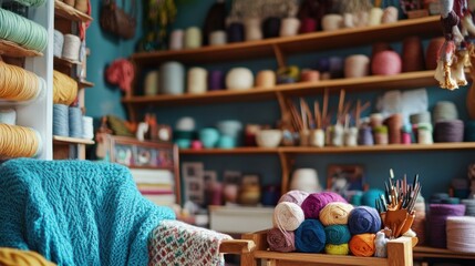 Poster - A cozy knitting studio filled with colorful yarns and knitting needles, Handcrafted knitting projects displayed in creative arrangements, Artisanal crafts style
