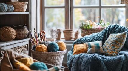 Poster - A cozy knitting studio with knitting tools and cozy seating, Knitting tools arranged amidst baskets of yarn and knitting patterns, Handcrafted knitting style
