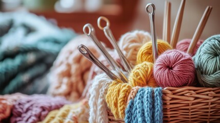 Poster - A cozy knitting workshop with knitting tools and yarn skeins, Knitting tools arranged amidst baskets of colorful yarn, Handcrafted knitting style