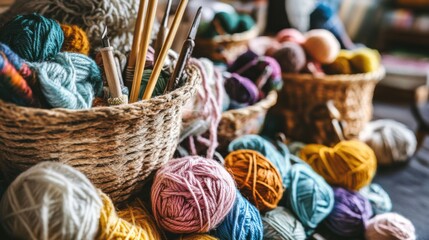 Poster - A cozy knitting workshop with knitting tools and yarn skeins, Knitting tools arranged amidst baskets of colorful yarn, Handcrafted knitting style