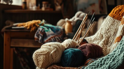 Poster - A cozy knitting workshop with yarn skeins and knitting needles, Knitting tools and cozy seating arrangements set up for crafting sessions, Natural photo of