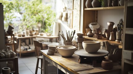 Poster - A cozy pottery studio with pottery wheels and ceramic creations, Pottery tools and artistic pottery pieces neatly organized, Artisanal pottery style