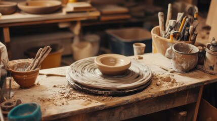 Poster - A cozy pottery workshop with pottery wheels and clay creations, Pottery tools and creative pottery pieces neatly arranged, Artisanal pottery style