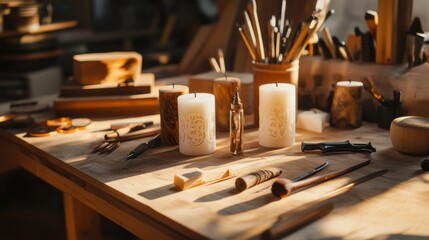 Poster - A detailed candle carving area in a spacious attic, Carving tools and candles systematically arranged, Contemporary artistic style
