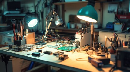 Poster - A detailed home electronics tinkering workspace with circuit boards and soldering iron, Electronic components, tools