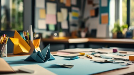 Aufkleber - A detailed origami folding area in a cozy crafting room, Origami papers and tools systematically placed, Artistic minimalist style