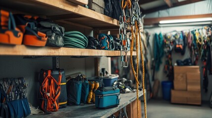 Poster - A detailed rock climbing gear preparation area in a spacious garage, Climbing gear and ropes neatly arranged, Adventure minimalist style