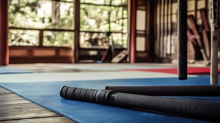 Poster - A dynamic martial arts dojo with martial arts weapons and training mats, Dojo equipment and sparring gear set up for disciplined training, Classic photo of